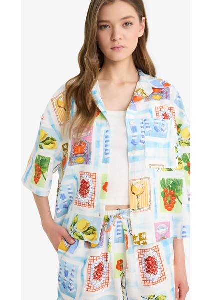 Oversize Geniş Kalıp Meyve Desenli Kısa Kollu Gömlek F2761AX25SM