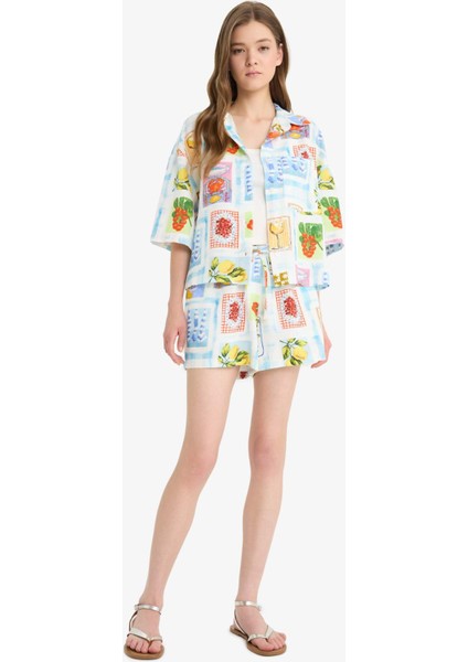 Oversize Geniş Kalıp Meyve Desenli Kısa Kollu Gömlek F2761AX25SM