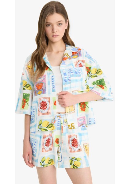 Oversize Geniş Kalıp Meyve Desenli Kısa Kollu Gömlek F2761AX25SM