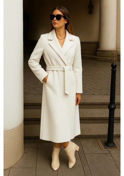 Kadın Kışlık Kuşaklı Uzun Kruvaze Beyaz Kaşe Kaban fiyatları