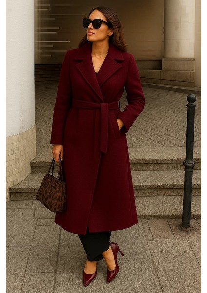Kadın Kışlık Kuşaklı Uzun Kruvaze Bordo Kaşe Kaban