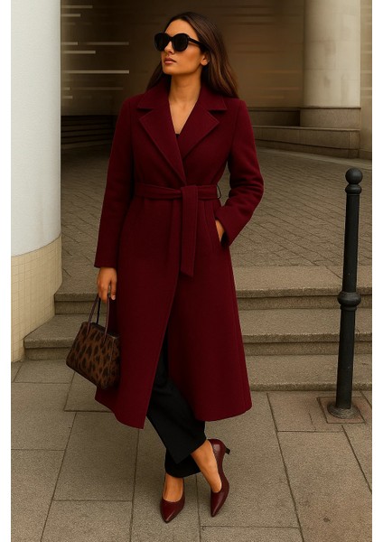 Kadın Kışlık Kuşaklı Uzun Kruvaze Bordo Kaşe Kaban fırsatları