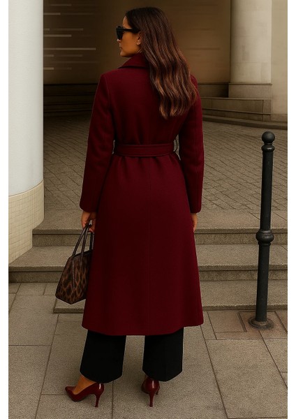 Kadın Kışlık Kuşaklı Uzun Kruvaze Bordo Kaşe Kaban indirimleri