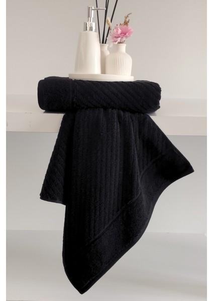 %100 Pamuk El Havlusu 2'li - Modern Çizgili Tasarım - Yumuşak Dokulu - Siyah Renk