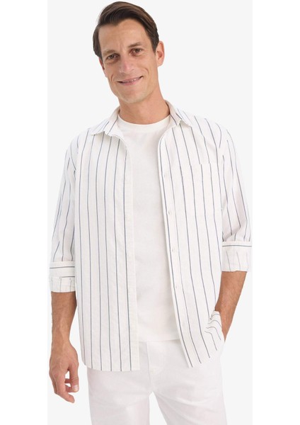 Regular Fit Polo Yaka Pamuklu Uzun Kollu Çizgili Gömlek E7893AX25AU
