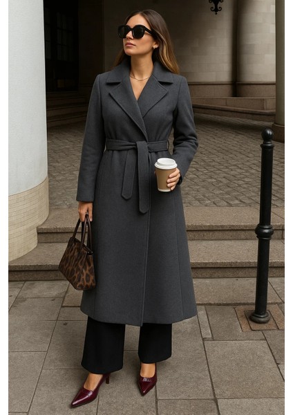 Kadın Kışlık Kuşaklı Uzun Kruvaze Füme Kaşe Kaban