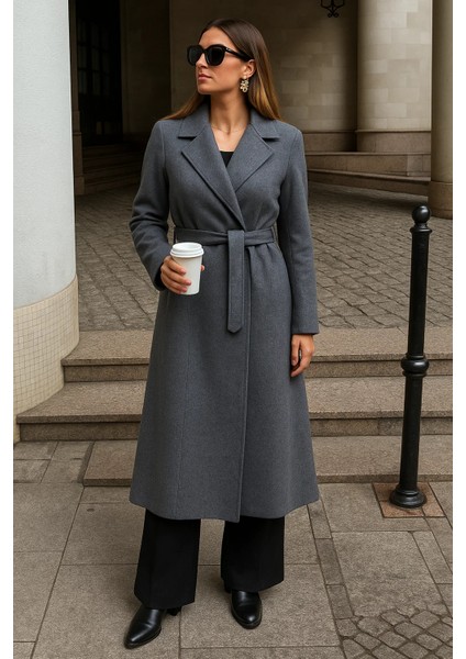 Kadın Kışlık Kuşaklı Uzun Kruvaze Füme Kaşe Kaban fiyatları