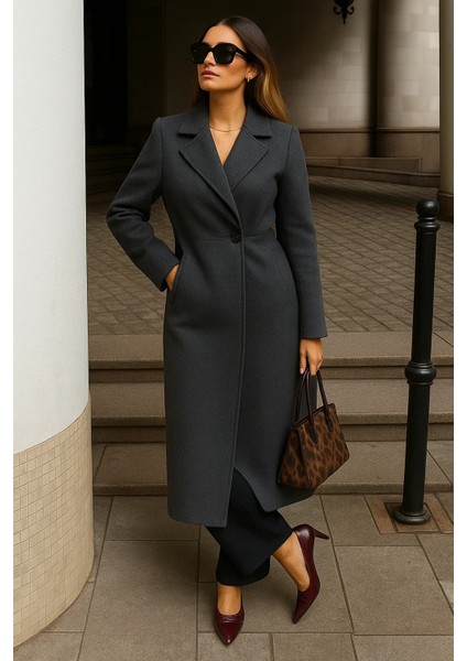 Kadın Kışlık Kuşaklı Uzun Kruvaze Füme Kaşe Kaban modelleri