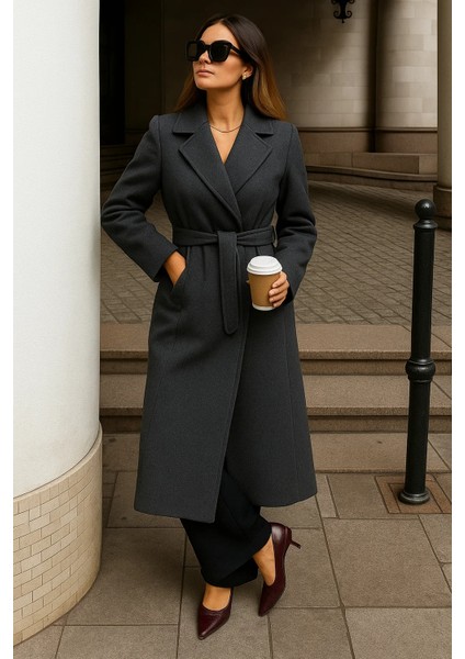 Kadın Kışlık Kuşaklı Uzun Kruvaze Füme Kaşe Kaban fırsatları