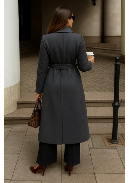 Kadın Kışlık Kuşaklı Uzun Kruvaze Füme Kaşe Kaban indirimleri