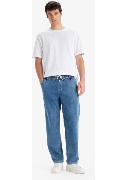 Yazlık Wide Leg Geniş Kalıp Beli Lastikli Geniş Paça Jean Kar Yıkamalı Pantolon F3906AX25SM