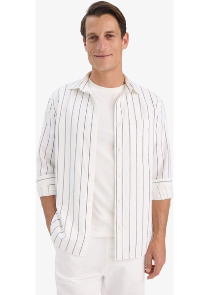 Regular Fit Polo Yaka Pamuklu Uzun Kollu Çizgili Gömlek E7893AX25AU