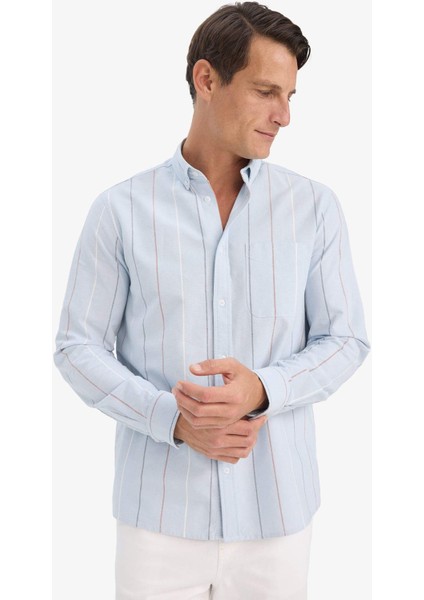 %100 Pamuk Regular Fit Polo Yaka Çizgili Cepli Pamuklu Uzun Kollu Gömlek E7892AX25AU