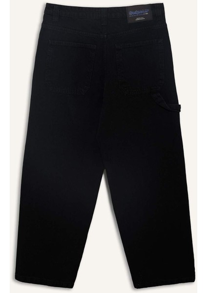 %100 Pamuk Skater Fit Geniş Kalıp Yüksek Bel Geniş Paça Siyah Jean Pantolon F3926AX25SM
