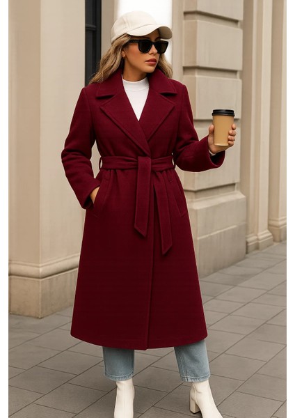 Kadın Kışlık Trend Kuşaklı Uzun Bordo Kaşe Kaban fiyatları