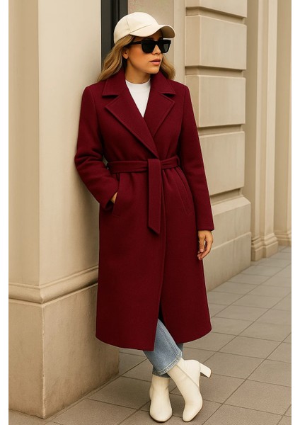 Kadın Kışlık Trend Kuşaklı Uzun Bordo Kaşe Kaban modelleri