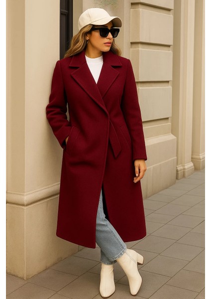 Kadın Kışlık Trend Kuşaklı Uzun Bordo Kaşe Kaban fırsatları