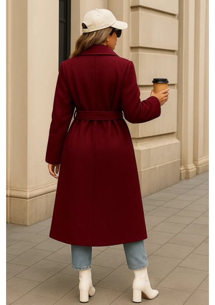 Kadın Kışlık Trend Kuşaklı Uzun Bordo Kaşe Kaban indirimleri