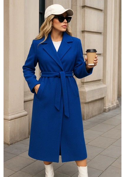 Kadın Kışlık Trend Kuşaklı Uzun Mavi Kaşe Kaban fiyatları