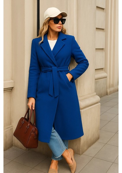 Kadın Kışlık Trend Kuşaklı Uzun Mavi Kaşe Kaban modelleri