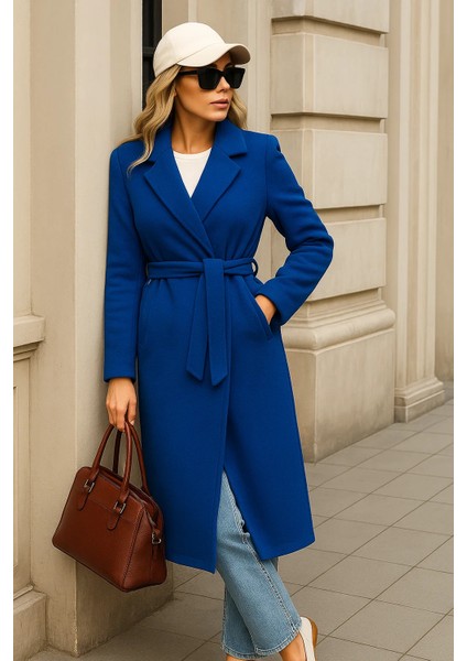 Kadın Kışlık Trend Kuşaklı Uzun Mavi Kaşe Kaban fırsatları