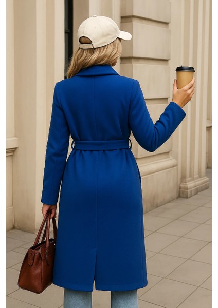 Kadın Kışlık Trend Kuşaklı Uzun Mavi Kaşe Kaban indirimleri