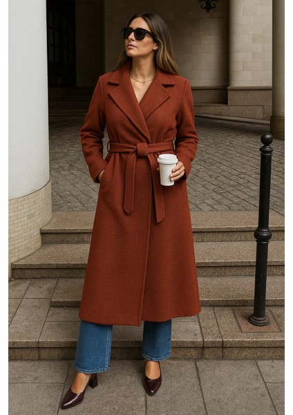 Kadın Kışlık Kuşaklı Uzun Kruvaze Kiremit Kaşe Kaban