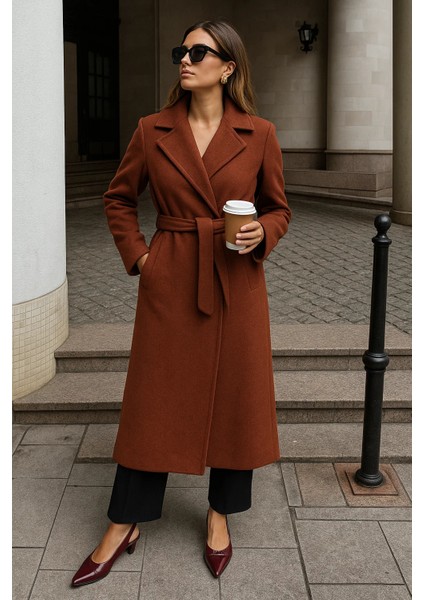 Kadın Kışlık Kuşaklı Uzun Kruvaze Kiremit Kaşe Kaban fiyatları