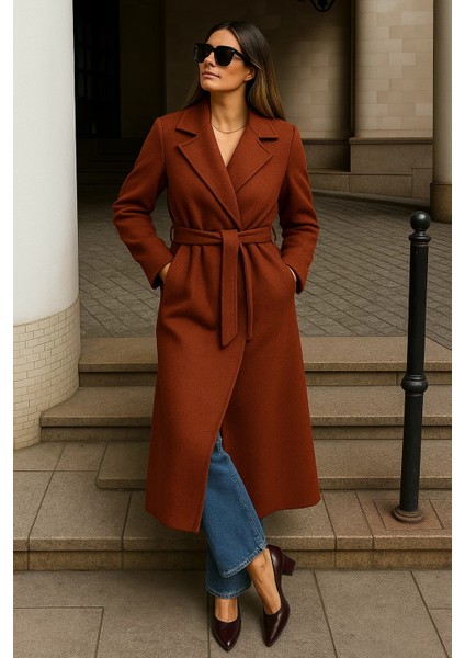 Kadın Kışlık Kuşaklı Uzun Kruvaze Kiremit Kaşe Kaban modelleri