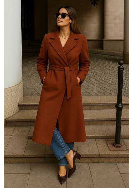 Kadın Kışlık Kuşaklı Uzun Kruvaze Kiremit Kaşe Kaban fırsatları