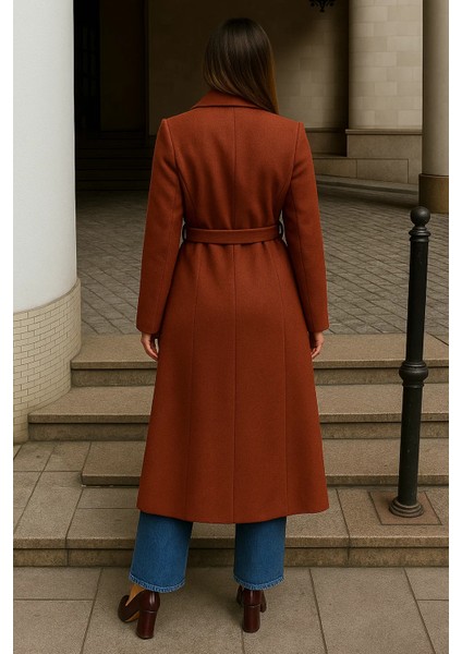 Kadın Kışlık Kuşaklı Uzun Kruvaze Kiremit Kaşe Kaban