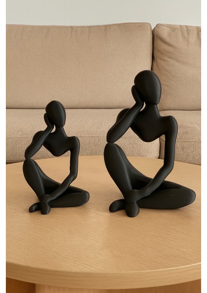 Modern Minimalist Siyah Düşünen Insan Heykel Seti (2'li)