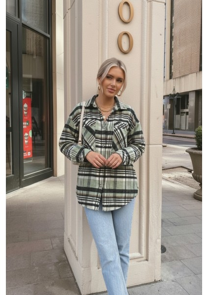 Kadın Oversize Ekose Dokuma Gömlek Ceket– Yeşil Siyah