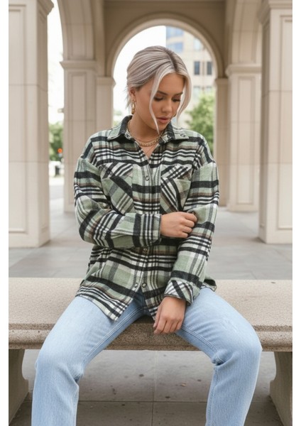 Kadın Oversize Ekose Dokuma Gömlek Ceket– Yeşil Siyah fiyatları