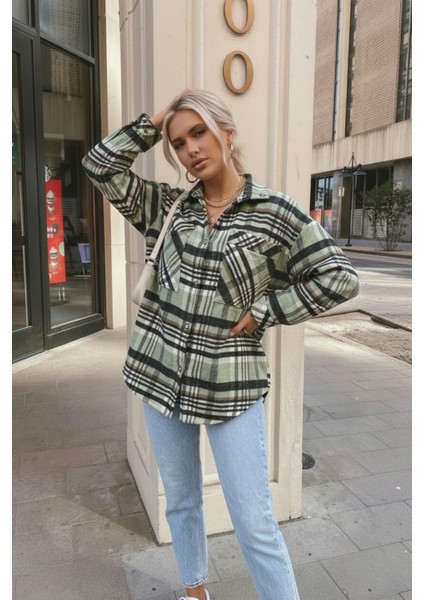 Kadın Oversize Ekose Dokuma Gömlek Ceket– Yeşil Siyah modelleri