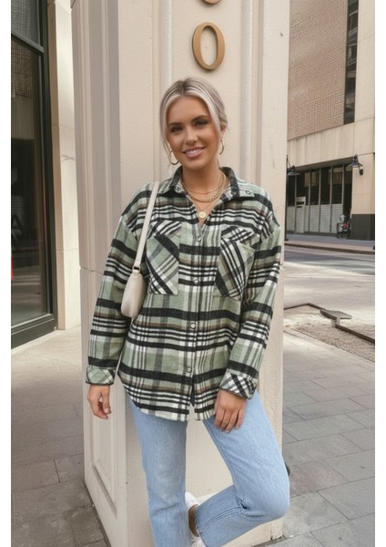 Kadın Oversize Ekose Dokuma Gömlek Ceket– Yeşil Siyah fırsatları