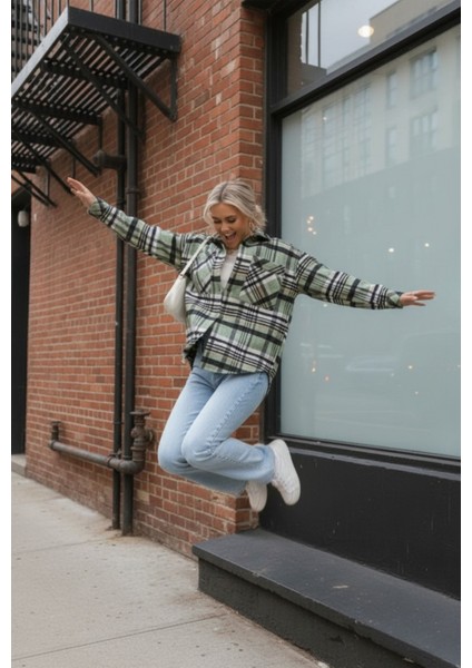 Kadın Oversize Ekose Dokuma Gömlek Ceket– Yeşil Siyah