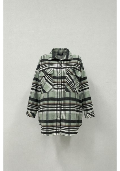 Kadın Oversize Ekose Dokuma Gömlek Ceket– Yeşil Siyah
