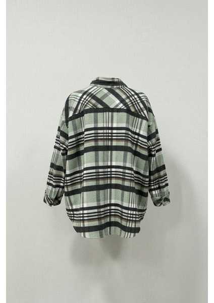Kadın Oversize Ekose Dokuma Gömlek Ceket– Yeşil Siyah