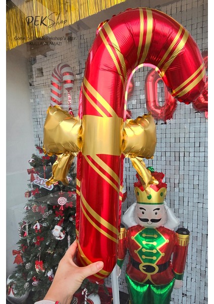Fiyonklu Kırmızı Gold Baston Şeker Folyo Balon