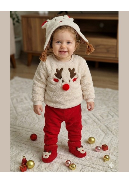 Asliva Geyikli Bebek Takımı - Peluş Sherpa Üst Alt Şapka Patik 4'lü Set - Yılbaşı Kombini - 6-24 Ay