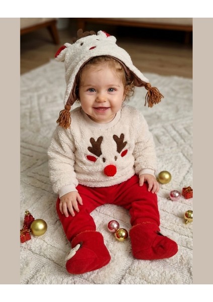 Asliva Geyikli Bebek Takımı - Peluş Sherpa Üst Alt Şapka Patik 4'lü Set - Yılbaşı Kombini - 6-24 Ay fiyatları