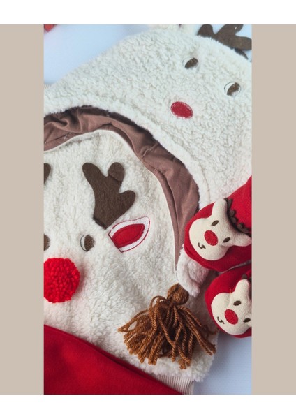 Asliva Geyikli Bebek Takımı - Peluş Sherpa Üst Alt Şapka Patik 4'lü Set - Yılbaşı Kombini - 6-24 Ay modelleri