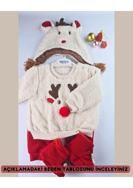 Asliva Geyikli Bebek Takımı - Peluş Sherpa Üst Alt Şapka Patik 4'lü Set - Yılbaşı Kombini - 6-24 Ay fırsatları