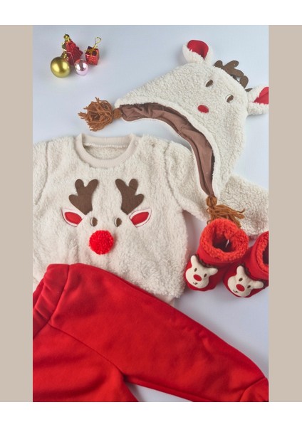 Asliva Geyikli Bebek Takımı - Peluş Sherpa Üst Alt Şapka Patik 4'lü Set - Yılbaşı Kombini - 6-24 Ay indirimleri