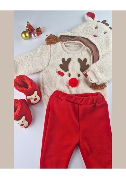 Asliva Geyikli Bebek Takımı - Peluş Sherpa Üst Alt Şapka Patik 4'lü Set - Yılbaşı Kombini - 6-24 Ay