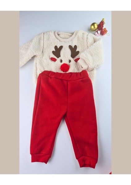 Asliva Geyikli Bebek Takımı - Peluş Sherpa Üst Alt Şapka Patik 4'lü Set - Yılbaşı Kombini - 6-24 Ay