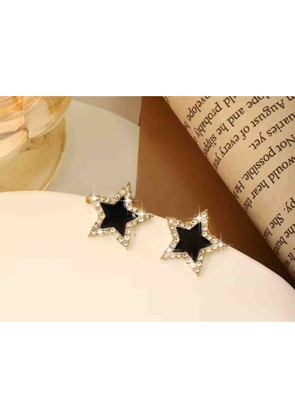 Yıldız Tasarım Siyah Taşlı ve Paslanmaz Bronz ve Pirinç Alaşım Kadın Küpe