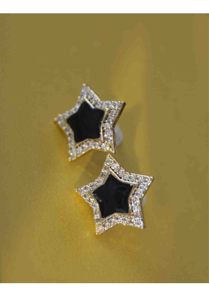 Yıldız Tasarım Siyah Taşlı ve Paslanmaz Bronz ve Pirinç Alaşım Kadın Küpe fiyatları