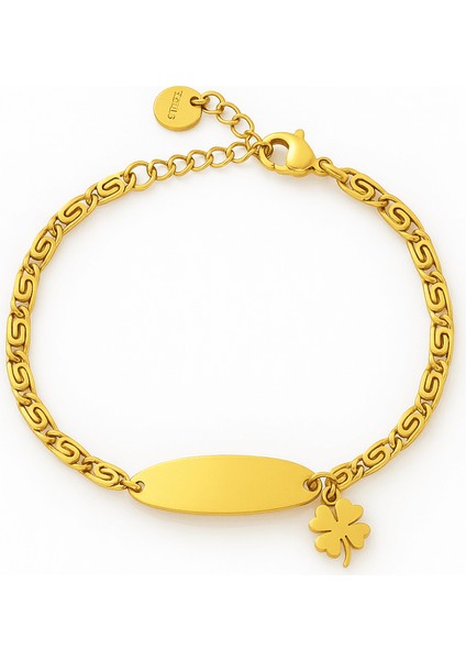 Çocuk Çelik Bileklik - Isme Özel Yazılı - Altın Renk - Yonca Yaprağı Detaylı - Espanzer Zincirli
